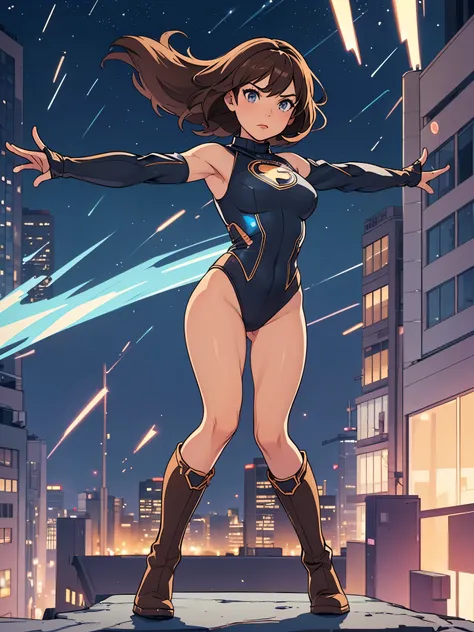 1girl, medium breasts, leotard, bare legs, tight belt, boots, matching boots, gloves, city backdrop, solo, single, outstretched arms, standing, full body shot, cowboy shot, superhero, beautiful detailed eyes, mature lady, star symbol on chest, brown hair, ...