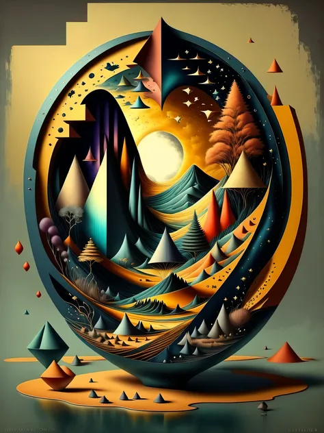 Crear una pintura que combine los estilos del surrealismo, Modernismo, cubismo, y art deco, con influencias del constructivismo y el minimalismo. The painting must be a representation of the artists interpretation of the world., using a combination of abst...