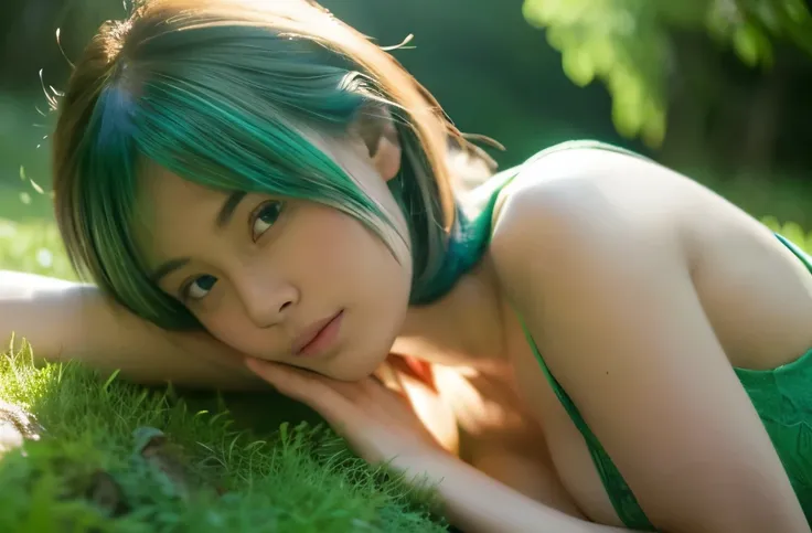 Best Quality, 4K, 8K, hight resolution, ​masterpiece, Ultra-detailed, Realistic, Cinematic lighting, Beautiful detailed glow,Light leak, amazing, Intricate details, Dynamic angles, Green hair, A cute Japanese woman, Small breasts,「whisper of green」A quiet ...