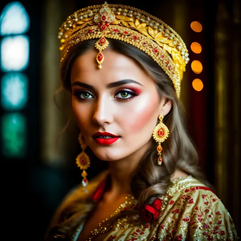 Arafedka in a golden headdress and a red lip, beautiful portrait, very beautiful portrait, color photograph portrait 4k, traditional russia, stunning portrait, by Andrei Ryabushkin, medieval princess, gorgeous woman, gorgeous portrait, medieval portrait, b...