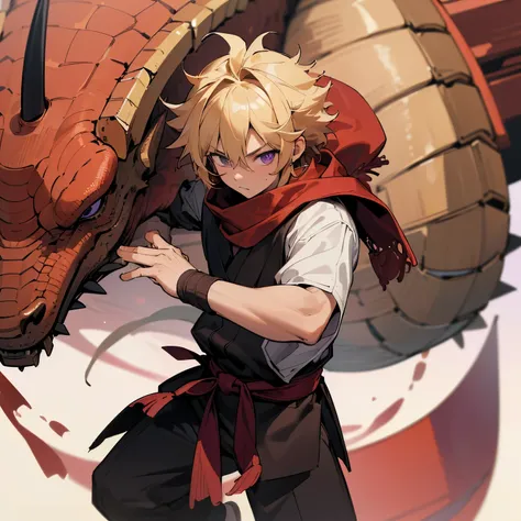 (best quality,4k,8k,highres,masterpiece:1.2),ultra-detailed,Blonde Hair,Brown Skin,Purple Eyes,Red Scarf,Martial Arts Clothing,Child,Young Male,1male,Messy Hair,Spiky Hair,Dojo Background,Dragon Symbol on clothing