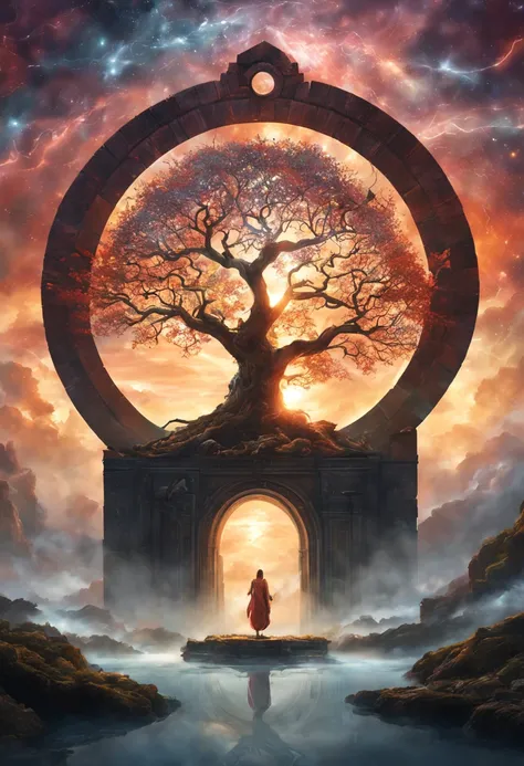 Be inspired by the majestic narrative of Creation! Crie uma imagem realista que retrate o poderoso ato divino de formar o mundo a partir do caos primordial. Crie uma imagem inspiradora com a seguinte frase: &#39;Meditation is the door to encountering the d...