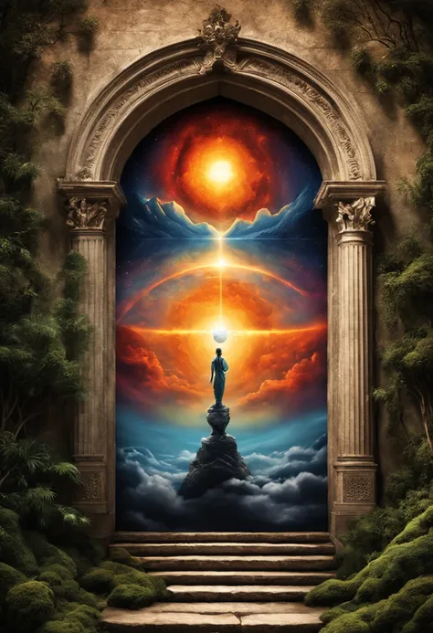 Be inspired by the majestic narrative of Creation! Crie uma imagem realista que retrate o poderoso ato divino de formar o mundo a partir do caos primordial. Crie uma imagem inspiradora com a seguinte frase: &#39;Meditation is the door to encountering the d...