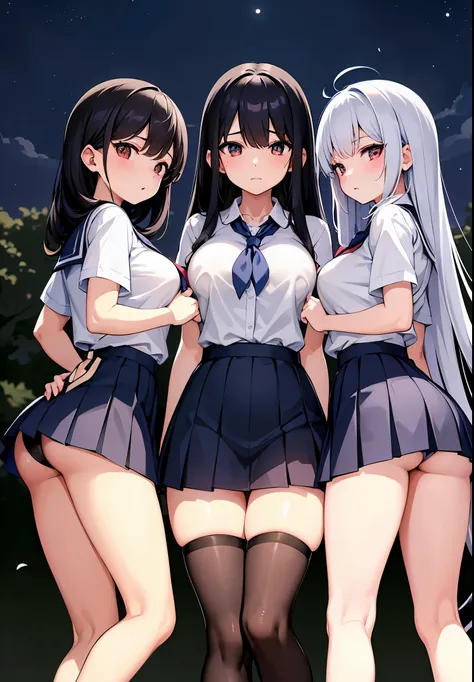 Trio of schoolgirls standing side by side facing backwards、Long Black Hair、巨大なtits out、cleavage of the breast、tits out、Park at night、a miniskirt、thighs thighs thighs thighs、Navy blue pleated skirt with panties visible、Short sleeve shirt、s ass、T back、sexy l...