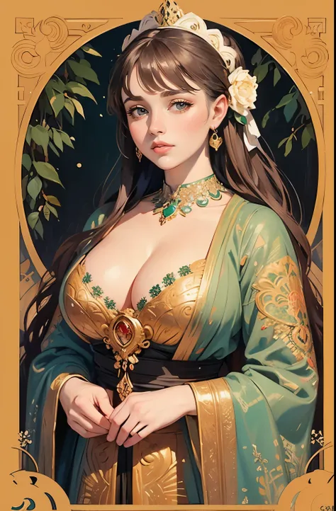 ((masterpiece)), (best quality), (cinematic), (oil painting) in style of Viktor Vasnetsov, the Goddess of the Christmas, large breasts, big eyes, long thick eyelashes, cleavage, full lips,long thick hair,  high ponytail, accessories, flower_background, fea...