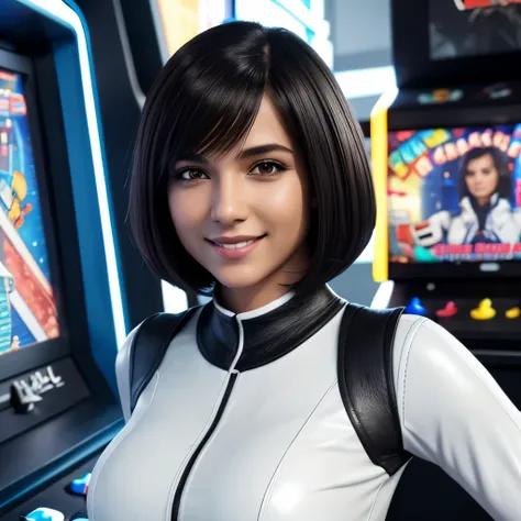 Isabela Merced, tight white shirt, black leather pants, smiling, big breasts, bob cut hair, playing an arcade, (skin texture:1.1), (high detail face:1.1), high detail body, high detail clotheasterpiece), (realistic), ultra high definition, 4k, ultra high r...