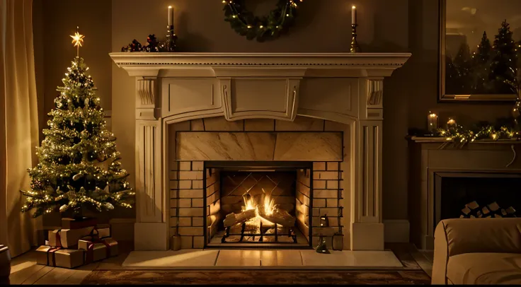 New Year&#39;s interior cozy room fireplace one Christmas tree soft light evening photorealism