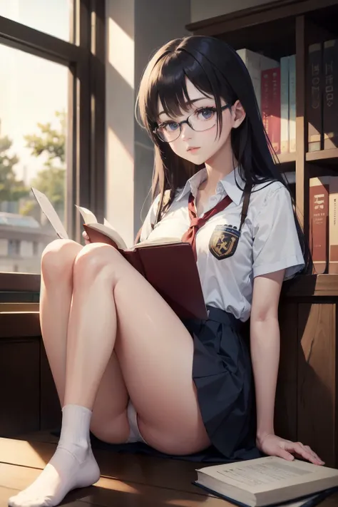 top-quality、lighting like a movie、book library、High School Girl 1,Black-rimmed glasses、Lots of books、opening legs、revealing white panties、