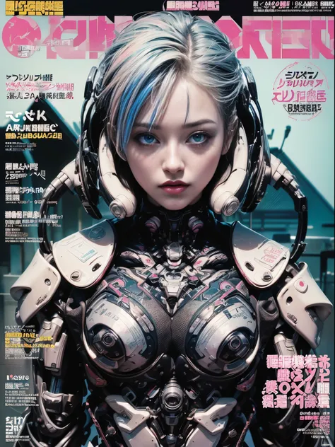 Flowing_contour biomechanical__cybernetic_airbrush___Strange__(((Japanese Harajuku style Fashion_((colorful Magazine_cover))__art_decor_Border)))__porcelain_and_Platinum / Futuristic Cyberpunk woman with porcelain skin, cybernetic implants.