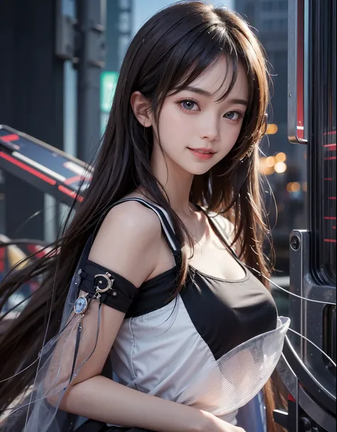 masterpiece, 1 beautiful girls, detaileds, Swollen eyes, top-quality, 超hight resolution, (现实: 1.4), OriginalPhoto, 1Girl, 电影灯光, a smile, japanes, a asian beauty, Korean, clean, ultra beautiful, little young face, Beautiful skins, A slender, cyberpunk back...