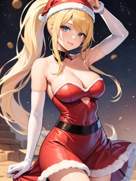 1girl, solo, masterpiece, best quality, high res, highly detailed, (illustration), beautiful detailed eyes,samus aranponytail, hair tie, glossy lips, makeup, smile, long white satin elbow gloves, cowboy shot, (santa), red santa dress, santa hat, strapless ...