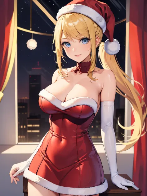 1girl, solo, masterpiece, best quality, high res, highly detailed, (illustration), beautiful detailed eyes,samus aranponytail, hair tie, glossy lips, makeup, smile, long white satin elbow gloves, cowboy shot, (santa), red santa dress, santa hat, strapless ...