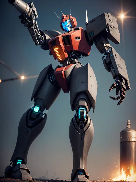 ((best quality: 1.5)) ((masterpiece: 0.8)), intricate details, sharp focus, professional, photorealistic, real life, ((((gigantic battle mech, (gun cylinder arm))))) bright glow, running, in the style of realistic and hyper detailed renderings, zbrush, hyp...