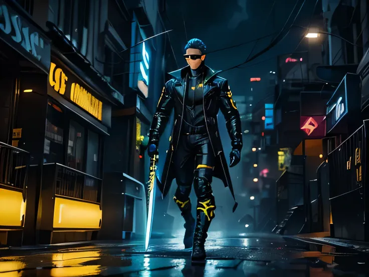 hero with black tactical jacket and yellow details, holding two blue lightning swords , neon blue cyclops style glasses, cabelos...