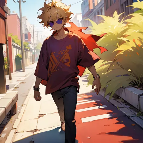 (best quality,4k,8k,highres,masterpiece:1.2),ultra-detailed,Blonde Hair,Brown Skin,Purple Eye,Baggy Shirt,Child,Young Male,1male,Messy Hair,Spiky Hair,Red Trim Sunglasses, Walking on street