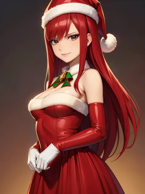 1girl, solo, masterpiece, best quality, high res, highly detailed, (illustration), beautiful detailed eyes,erzascarlet, red hair, long hair, glossy lips, makeup, smile, long white satin elbow gloves, cowboy shot, (santa), red santa dress, santa hat, strapl...
