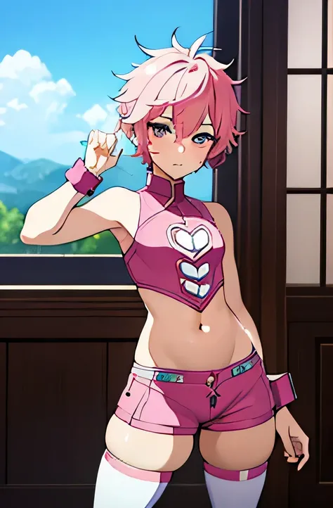 there is a cartoon picture of feminine boy with short pink hair, anime moe artstyle, 1 7 - year - old anime, in an anime style, demon femboy, flat anime style, cute, crossdresser, lewd body, curvy, sexy outfit, doing a sexy pose