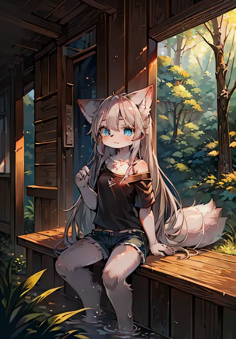 high quality, digital painting (artwork), by dagasi, (anthro, fluffy fur), anthro female cat, long hair, portrait, (detailed background:0.7, forest),solo,furry,furry female ,(cat tail, gray fur,blue eyes,gray hair:1.2), (shorts, t-short, black clothes)