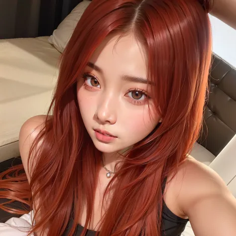 arafed woman with red hair and a black top sitting on a bed, yunjin of lesserafin, yunjin, huh yunjin of lesserafim, huh yunjin, red hair yunjin, jossi of blackpink, tzuyu from twice, lalisa manobal, roseanne park of blackpink, lalisa manoban of blackpink,...