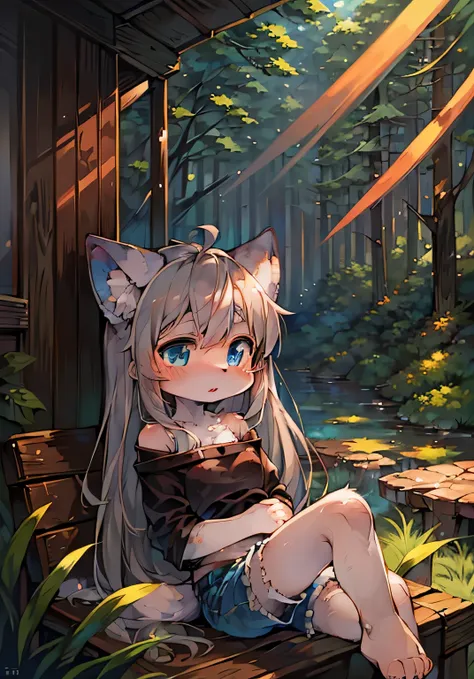 high quality, digital painting (artwork), by dagasi, (anthro, fluffy fur), anthro female cat, long hair, portrait, (detailed background:0.7, forest),solo,furry,furry female ,(cat tail, gray fur,blue eyes,gray hair:1.2), (shorts, t-short, black clothes)