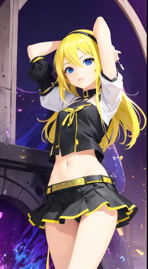 masterpiece, top quality 16k raw photo of Vocaloid3 Lily posing, blond hair blue eyes. navel look medium length mini skirt. hand behind her head.