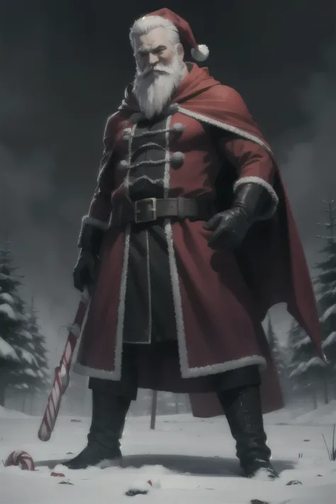 An evil Santa Claus with an evil smile, standing in a snow-covered landscape, holding a wickedly sharp candy cane. The sinister smile on his face reveals a mouthful of jagged teeth. He wears a tattered red and black Santa suit, with dark, creepy eyes stari...