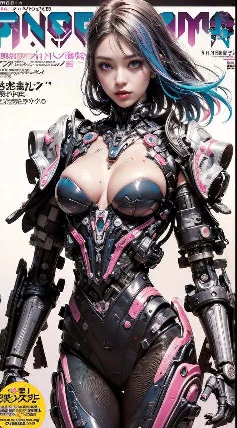 Flowing_contour biomechanical__cybernetic_airbrush___Strange__(((Japanese Harajuku style Fashion_((colorful Magazine_cover))__art_decor_Border)))__porcelain_and_Platinum / Futuristic Cyberpunk woman with porcelain skin, cybernetic implants.