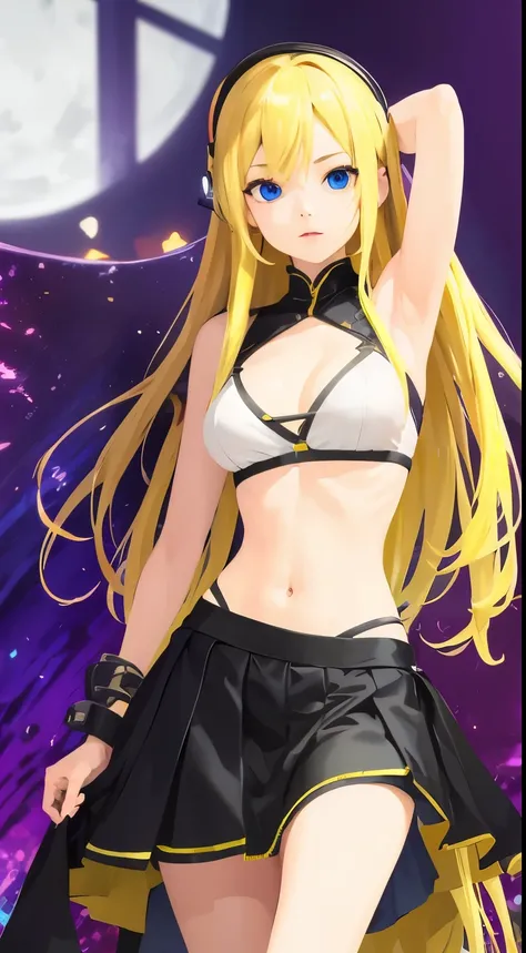 masterpiece, top quality 16k raw photo of Vocaloid3 Lily posing, blond hair blue eyes. navel look medium length skirt. hand behind her head.