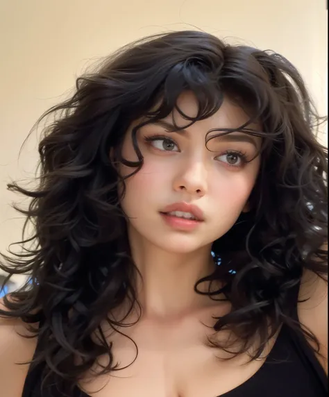 um close up de uma mulher com um cabelo cacheado muito longo, franja encaracolado, messy curly hair, long messy curly hair, Charli XCX |, cabelo encaracolado preto, long wild cabelo encaracolado preto, cabelo ondulado preto com franja, lindo rosto latino, ...