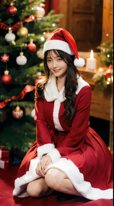 beautfull Japanease woman，(Red Santa Claus costume：1.5)，(Christmas tree)，Christmas atmosphere，Black hair，Photorealsitic，surrealism, F/1.2, 35 mm, Fuji Film, 8K, Super Detail, nffsw, masutepiece, ccurate, Anatomically correct, Textured skin, Super Detail, h...