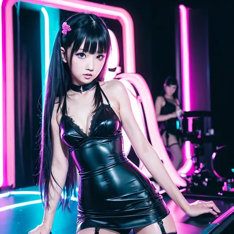 Ultra Realistic, Best Quality, 16k, Masterpiece, Black Haired woman, 32 years old, White Skin, transparent Black spaghetti straps Satin Dress, garter belt, stockings, Baby Face, cutest face, Small, Slender, in dark techno club with pink and teal neon light...