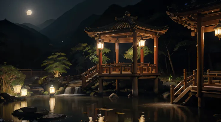 masterpiece,best quality,Chinese martial arts style,an asian night scene with lanterns and water lilies,asian pond with many lanterns and boatsa night scene with many lights and boats in the water, Lake surface, lotus flowers,beautiful night scene,(((Chine...