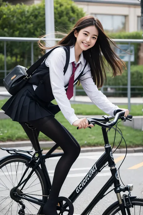 Colorful schoolgirl uniform with black tights riding a bicycle　Dynamic　A smile　Commuting to school