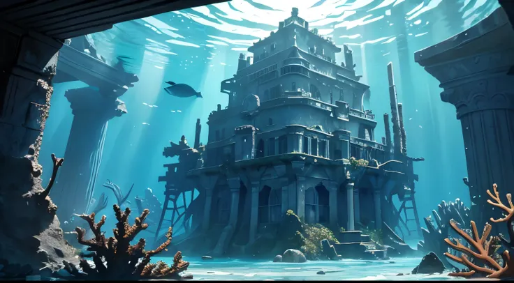 An ancient underwater ruin submerged in the deep sea, covered in coral and seaweed, with fish and sea creatures swimming around. The underwater light casts mystical shadows on the walls of the ruins