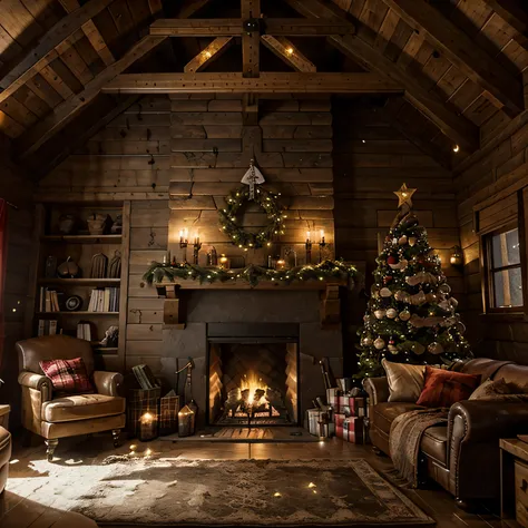 rustic Chalet living room with a nice fireplace, a christmas tree and decorations, ovecast lightning and soft shadows inside, its snowing outside