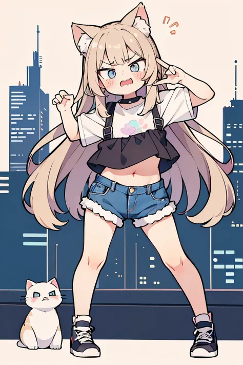 ((Masterpiece)), put on cat ear, fullbody,1 girl, (pastel color:1.5), white back ground, cute (child), sharp teeth, open mouth wide, (blush), ((scowl face)), ((Break-dance pose)), (Tattered crop top), denim shorts, pale brown hair, wavy long hair, cityscap...