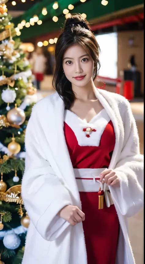 beautfull Japanease woman，((white santa claus costume：1.5))，white Christmas，(Christmas tree)，Christmas atmosphere，Black hair，Photorealsitic，surrealism, F/1.2, 35 mm, Fuji Film, 8K, Super Detail, nffsw, masutepiece, ccurate, Anatomically correct, Textured s...