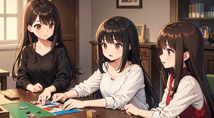 1 girl with long brown hair. 1 girl with red short hair. 1 girl with black hair. Playing board games. The best picture quality.