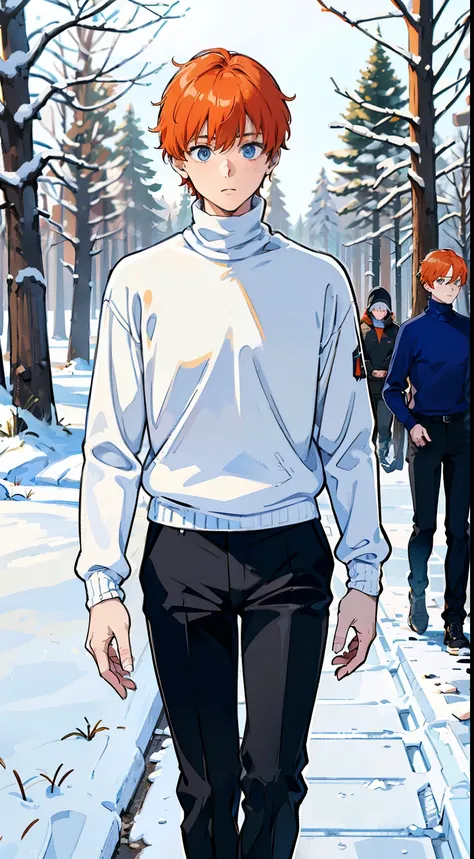 (1boy,teen,18 years old), orange hair, blue eyes,(((white sweater,turtleneck))),(snow,in Forest),((serious,walking)),(((from front)),black pants