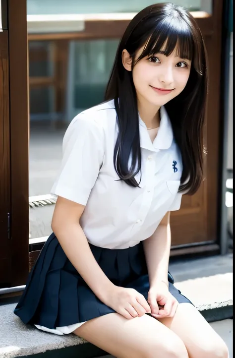 Long black hair, Japanese high school girl, white, one-color short-sleeved shirt, knee-length flared skirt, no pleats, white socks, black loafers