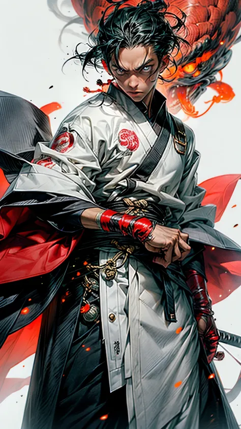 , arma, 1boy, black man, cabelo curto, foco masculino, espada, solo, roupa vermelha, roupas japonesas, segurando, segurando a arma, katana, segurando espada, bainha, , , mangas longas, , haori, , hakama, quimono, sheathed, corpo inteiro, fogo, em chamas em...