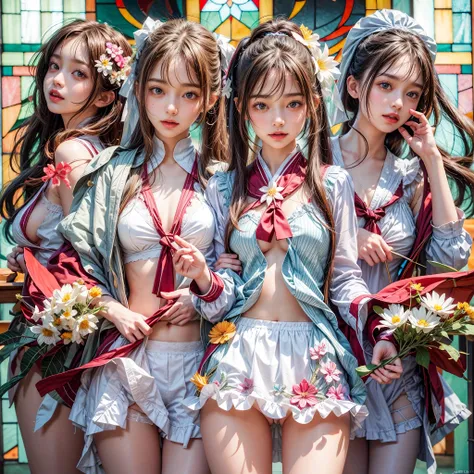 (sfw, White and Red, Acutance:0.8), Masterpiece, realistic, (photorealistic:1.37) with touch of rawness. A group of KAWAII girls in opened school uniform without brassiere . (extremely detailed KAWAII face variations, joyful expression variations), { Navel...