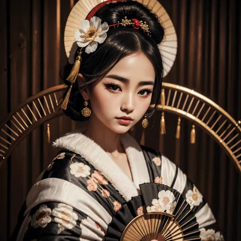 A beautiful young geisha, with black hair wearing a bun, with a flower on her head, with beautiful lips, with beautiful eyes, pale silky skin (made up), wearing an exquisite traditional kimono, holding a fan, posing on a tatami in an empty room , beautiful...