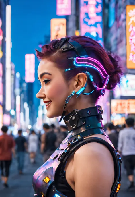 masterpiece, best quality, ((smiling)) cyberpunk girls standing, side view, Harajuku-inspired cyberpunk body harness, bold colors and patterns, eye-catching accessories, trendy and innovative hairstyle, dazzling Cyberpunk cityscape, skyscrapers, glowing ne...