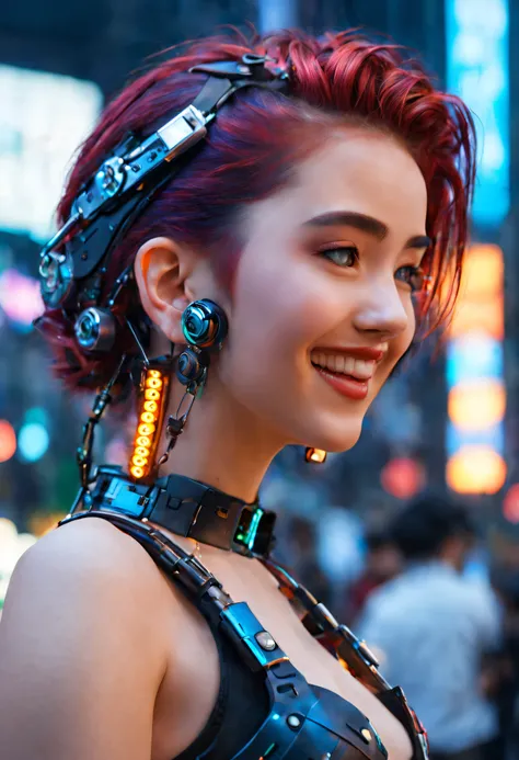 masterpiece, best quality, ((smiling)) cyberpunk girls standing, side view, Harajuku-inspired cyberpunk body harness, bold colors and patterns, eye-catching accessories, trendy and innovative hairstyle, dazzling Cyberpunk cityscape, skyscrapers, glowing ne...