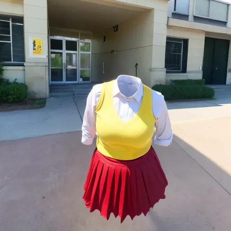 chubby, fat, school uniform, white shirt, long sleeves, pleated skirt, collared shirt, miniskirt, bowtie, green bow, green ribbon, (yellow sweater vest), cute pose, (invisible, no humans, headless, faceless:1.5), (close-up to breasts), cute big breasts, (8...