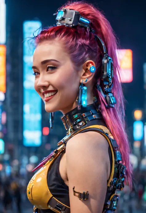 masterpiece, best quality, ((smiling)) cyberpunk girls standing, side view, Harajuku-inspired cyberpunk body harness, bold colors and patterns, eye-catching accessories, trendy and innovative hairstyle, dazzling Cyberpunk cityscape, skyscrapers, glowing ne...