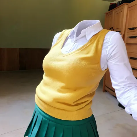 chubby, fat, school uniform, in closet, white shirt, long sleeves, pleated skirt, collared shirt, miniskirt, bowtie, green bow, green ribbon, (yellow sweater vest), cute pose, (invisible, no humans, headless, faceless:1.5), (close-up to breasts), cute big ...