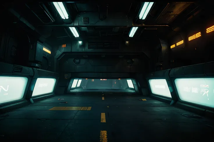 Background, scifi, blade runner, neon, rundown, futuristic, realistic, hirez, (((no people1.7))), empty landing bay. abandoned, camera angle six feet