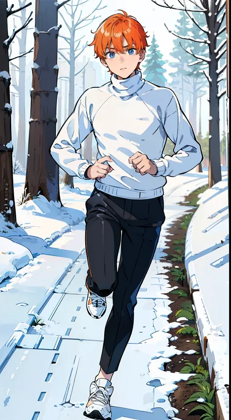 (1boy,teen,18 years old), orange hair, blue eyes,(((white sweater,turtleneck))),(snow,in Forest),((serious,running)),(((from front)),black pants,white sneakers,full body